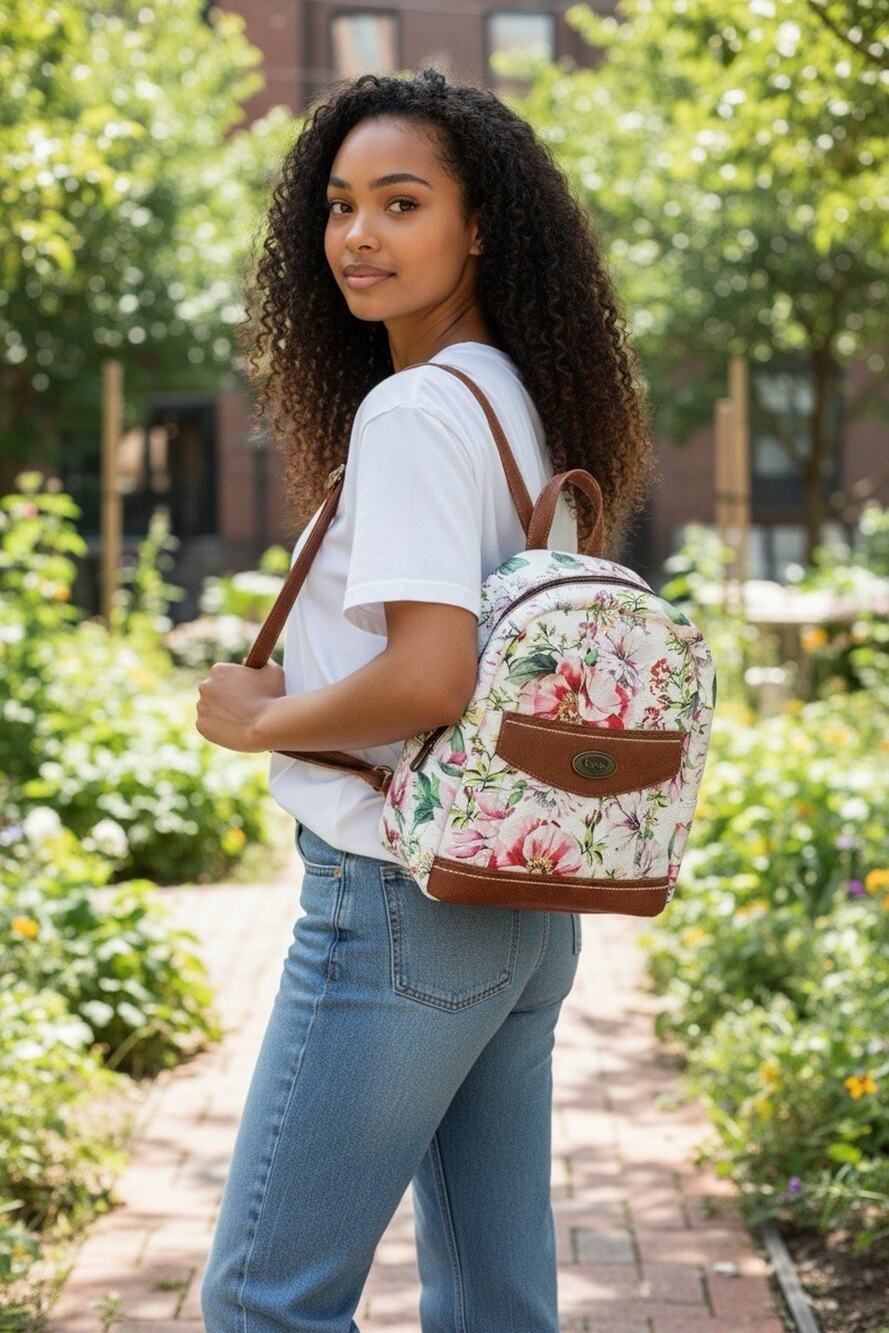 Born Concepts Floral Saddle Mini Backpack Purse Medium White Multi Pink Green
